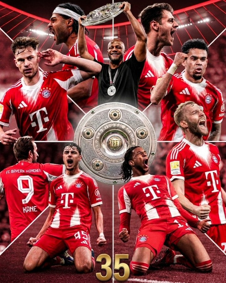 andresweiss_'s tweet photo. OFICIAL:

El Bayern es CAMPEÓN de la Bundesliga 25/26, su 35º campeonato de Alemania.

El año del récord abusivo de goles (van 109), de los debuts de canteranos como nunca se había visto, y del nacimiento de una nueva pareja de extremos que puede ser legendaria. https://t.co/EqMjIeOh22