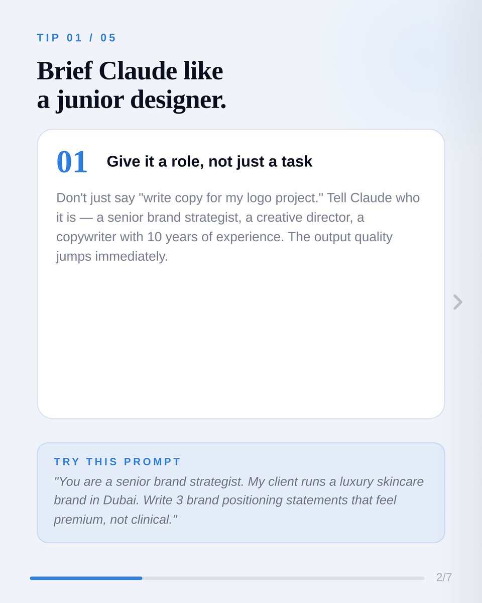 zak_hussain689's tweet photo. Most designers use Claude like a search engine.
Here’s how to actually use it as a design partner — 5 tips with real prompts you can copy right now. 🤖
Comment CLAUDE and I’ll DM you the full prompt pack for designers — free. 👇
#Claude · #AIdesign · #designertips https://t.co/jeIqiGiIAE