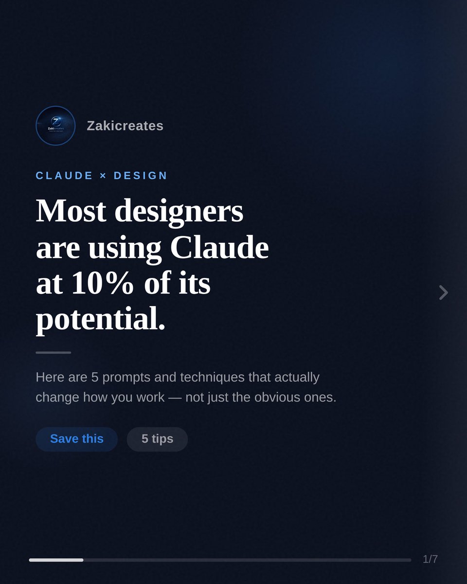 zak_hussain689's tweet photo. Most designers use Claude like a search engine.
Here’s how to actually use it as a design partner — 5 tips with real prompts you can copy right now. 🤖
Comment CLAUDE and I’ll DM you the full prompt pack for designers — free. 👇
#Claude · #AIdesign · #designertips https://t.co/jeIqiGiIAE