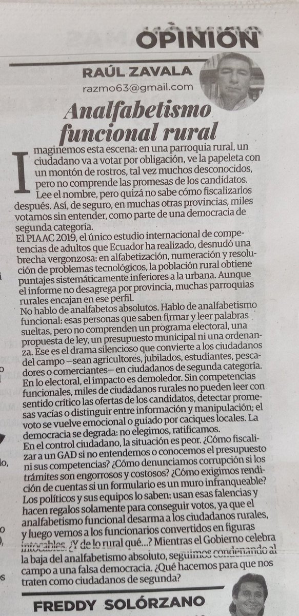 Zavala_Ra's tweet image. Analfabetismo funcional rural: consecuencias políticas en #Ecuador por el mal uso de este problema social.
Artículo de mi autoría publicado en la edición de hoy 19 de abril de 2026 en el @eldiarioec.