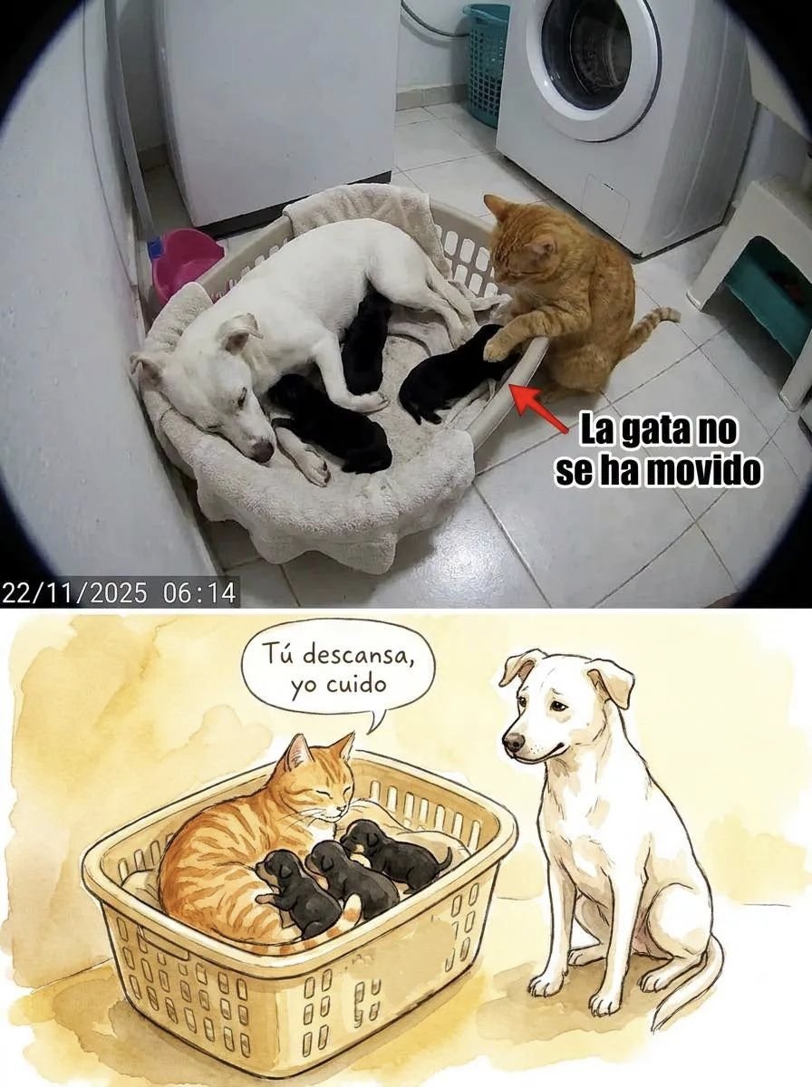 Snoow_Ball_06's tweet photo. La perra parió sola a las cuatro de la madrugada en el cuarto de lavado y cuando la dueña bajó a revisar se encontró con algo que no esperaba. 💛

Luna había estado preñada hasta el final sin problemas, pero esa madrugada no quiso llamar a nadie, se metió sola al canasto de ropa, tuvo tres cachorros negros y quedó tendida de lado sin fuerzas para moverlos ni para calentarlos con su cuerpo tembloroso. 🐾

Ahí entró la gata.

Mora es una callejera que la familia adoptó hace año y medio, nunca había tenido crías propias y siempre había pasado de los perros con la indiferencia clásica de gato, pero esa madrugada se subió sola al canasto, se enroscó alrededor de los cachorros y los empujaba de regreso con la pata cada vez que alguno rodaba lejos del calor de la madre. 🥺😿

La cámara del pasillo lo grabó todo desde la puerta.

Tres horas después Luna seguía dormida y Mora seguía ahí, sin comer, sin maullar, solo vigilando con las orejas alertas cada ruido que venía del pasillo mientras los cachorros respiraban tranquilos contra su panza. 💛

Hoy los cachorros tienen tres meses y se pelean por dormir pegados a Mora, no a Luna.

Luna sigue revisando cada noche que la gata esté en su lugar antes de acostarse ella. Como si le agradeciera sin saber cómo. 💛🐾