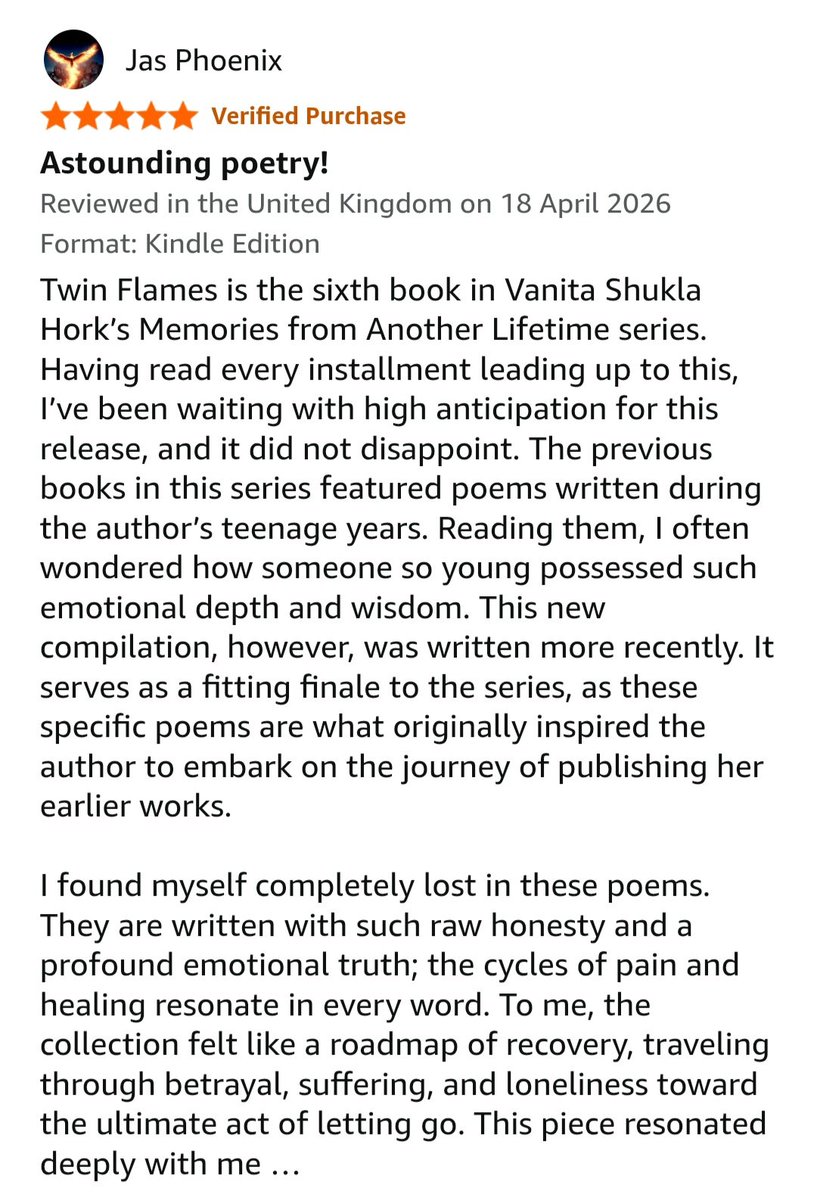 VanitaHork's tweet image. #NEWRELEASE❣️

#TwinFlames, the final volume in the series, is out!

Time-limited #offer on ALL #Amazon markets and for #99c on Amazon.com - buy NOW ❤️

#Free on #KU 📚

US: a.co/d/08VVC0eW
UK: amzn.eu/d/058tZDbs

#poetry #BookReview

@JasPhoenix_Rise 🙏