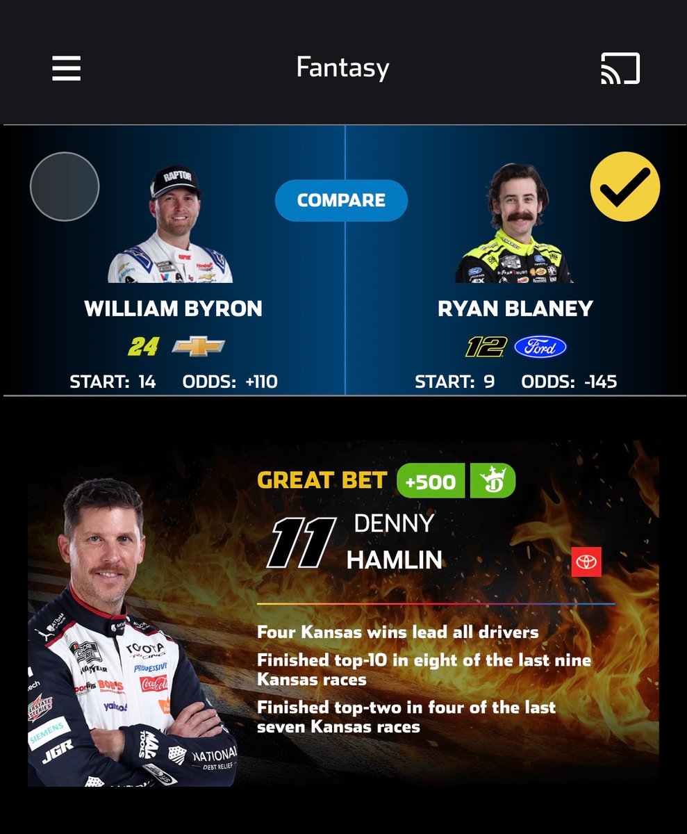 Here is my NASCAR fantasy driver picks, and my 36for36 winner as well for today's NASCAR Cup Series race at Kansas Motor Speedway. 😎👊🏼🏁