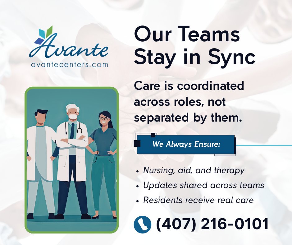 AvanteGroupInc's tweet image. Team in Sync

• Nursing, aides, and therapy stay aligned
• Updates are shared across the team
• Everyone knows the current plan

📞 (407) 216-0101
🌐 avantecenters.com
✉ info@avantegroup.com

#Avante #TeamCare #SeniorHealth #Healthcare #FloridaHealthcare
