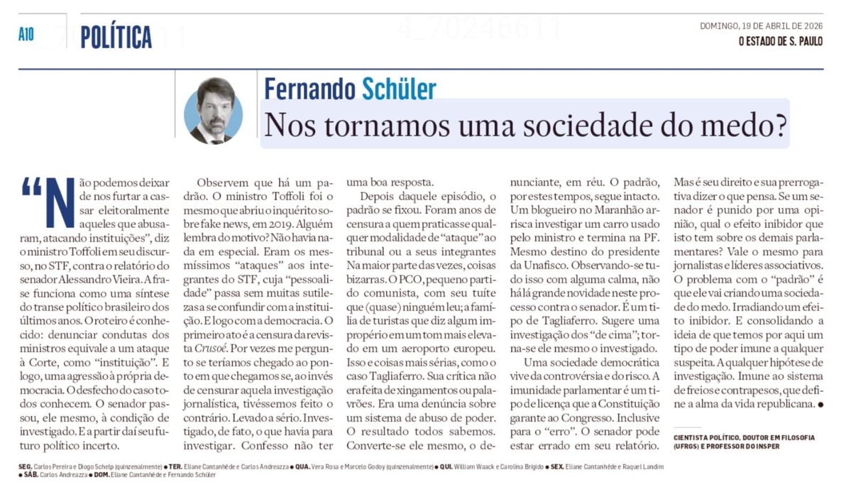 Enquanto o <a href="/mervalpereira/">Merval Pereira</a> denuncia o autoritarismo supremo através de mentiras, o <a href="/fernandoschuler/">Fernando Schüler</a> apresenta a verdade.

Mais Schuler, menos Merval na imprensa brasileira.