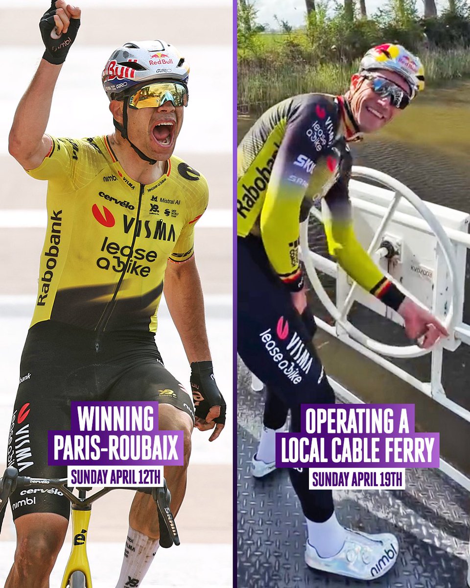 Winning Paris–Roubaix one Sunday, operating a ferry the next 😂

Wout van Aert was spotted helping his friends cross a canal near Damme, just a week after his victory at Paris-Roubaix.

🎥 Jari Verstraeten (posted with permission)