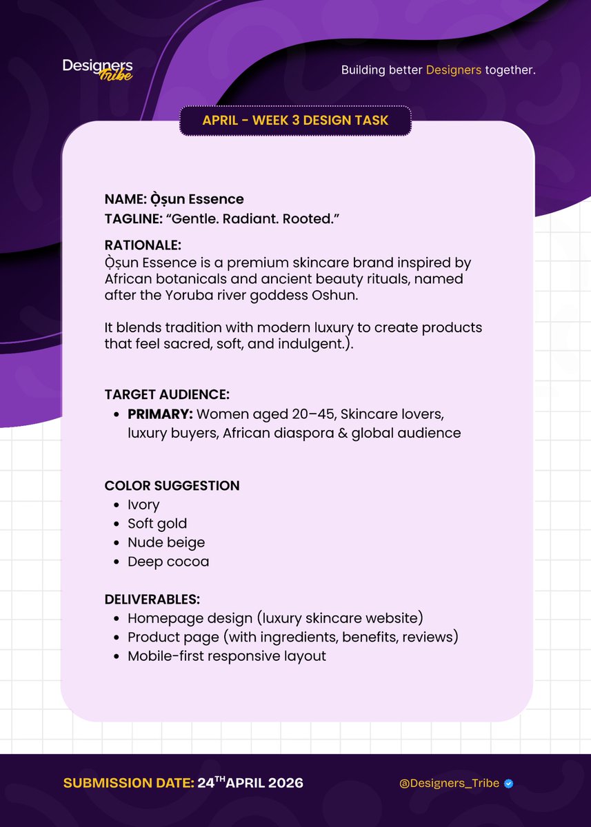 DESIGN BRIEF  

FRAME 1 for Graphic Designers 
FRAME 2 for Ui/Ux Designers   

Brand Name: Ọṣun Essence

Tagline: Gentle. Radiant. Rooted.

RATIONALE:
Ọṣun Essence is a premium skincare brand inspired by African botanicals and ancient beauty rituals, named after the Yoruba