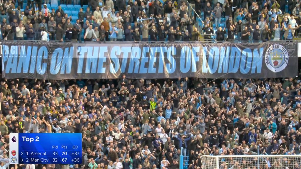 Manchester City suelta una pancarta en Etihad tras vencer al Arsenal: "PÁNICO EN LAS CALLES DE LONDRES." 🥶😳