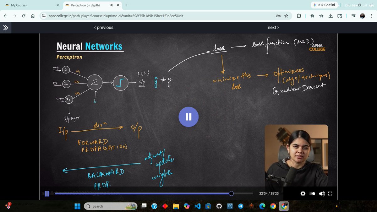 Rapunzel164's tweet image. #Day55
Started Deep Learning Part 1 today 🚀

Learned ML vs DL,
Neural Networks, 
Perceptron, 
activation functions (Sigmoid, Tanh, ReLU), forward &amp;amp; backward propagation, and 
Coded my first neuron 💻

Excited for what’s next!
@ApnacollegeX @ShradhaKhapra_
#DeepLearning #AI