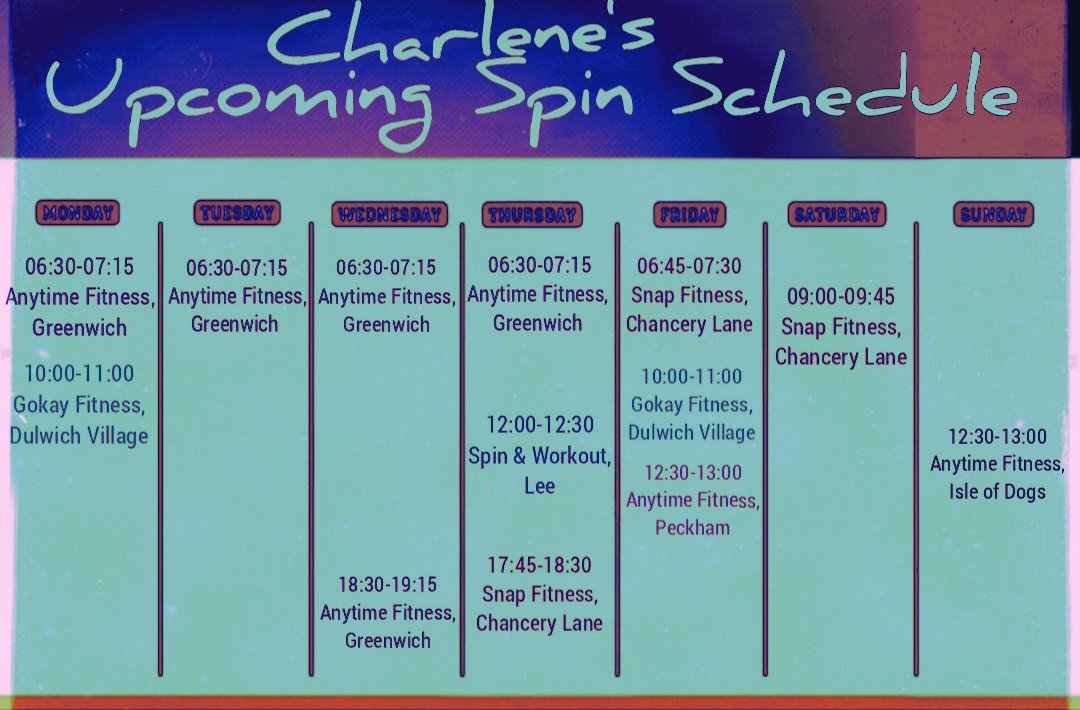 My current schedule for spin classes next week. Come and join me in the studio for a great workout alongside great music. Bring on another week of fun. #SpinClass #SpinInstructor