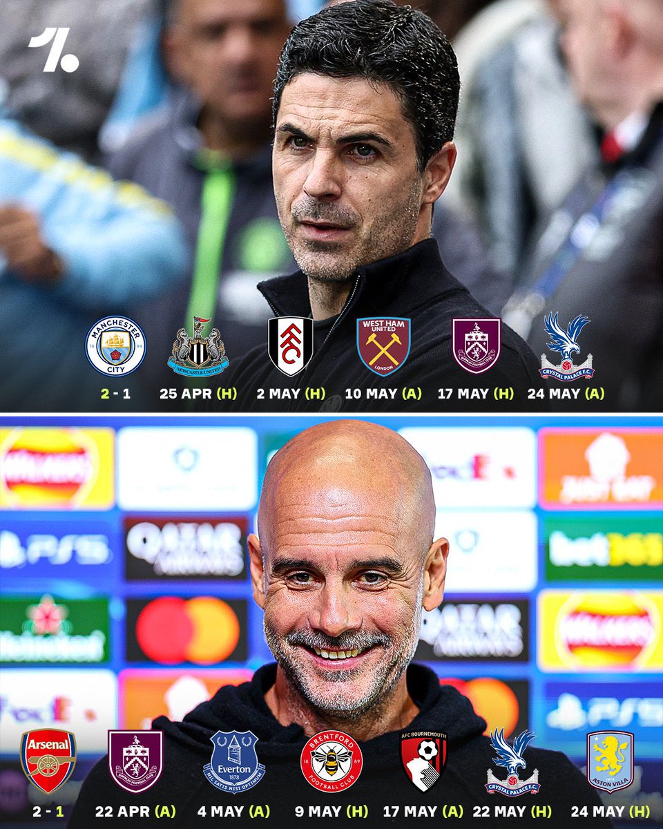 AtaqueFutbolero's tweet image. ⚠️🏆 Esto es lo que le queda al ARSENAL y a MANCHESTER CITY, rumbo al TITULO DE PREMIER LEAGUE.

⏳ Ojo que Arsenal tiene las SEMIFINALES DE CHAMPIONS vs Atlético Madrid, en el medio.

¿Quién será el campeón? ⁉️