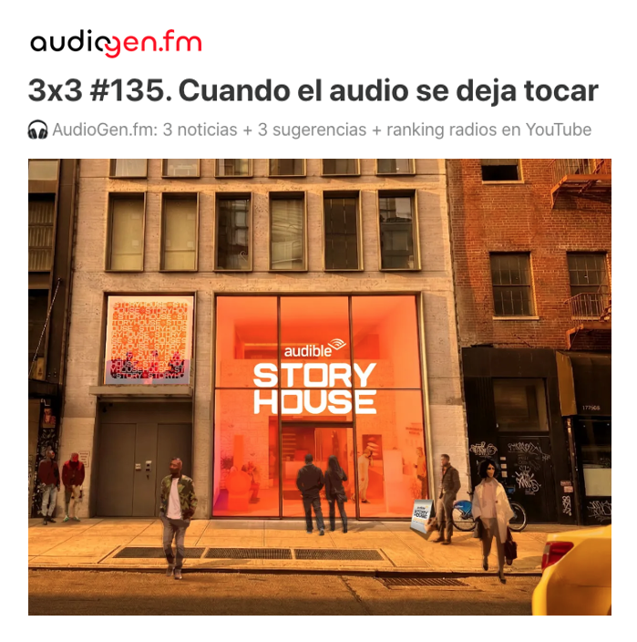 LuismiPedrero's tweet image. 🎧 @audible_com abrirá en Nueva York una #StoryHouse donde escuchar ¡casi tocar! #audiolibros. ¿Puede el #audio hablado volverse físico? ¿Para cuándo una tienda de #podcasts?

🔗 bit.ly/AudioGen135