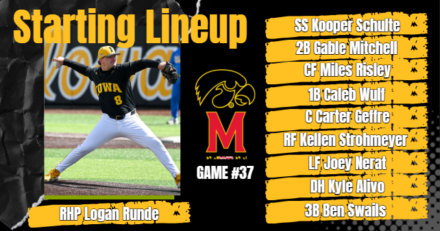 HuesmannKyle's tweet photo. Here is the Iowa Baseball starting lineup for today's series finale against the Maryland Terrapins.

It will be Logan Runde on the mound for the Hawkeyes. https://t.co/GThWIxlbe0