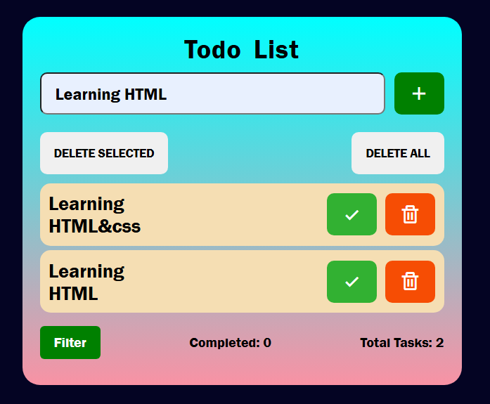 BhavyTalaviya04's tweet image. 📝The Todo List UI is a clean and modern interface with a gradient background and a bold “Todo List” header at the top. 
✨odo List Features:-
➕Add new tasks quickly
✅Mark tasks as completed (with strikethrough)
🗑️Delete individual tasks
#TodoApp #TaskManager #WebDevelopment