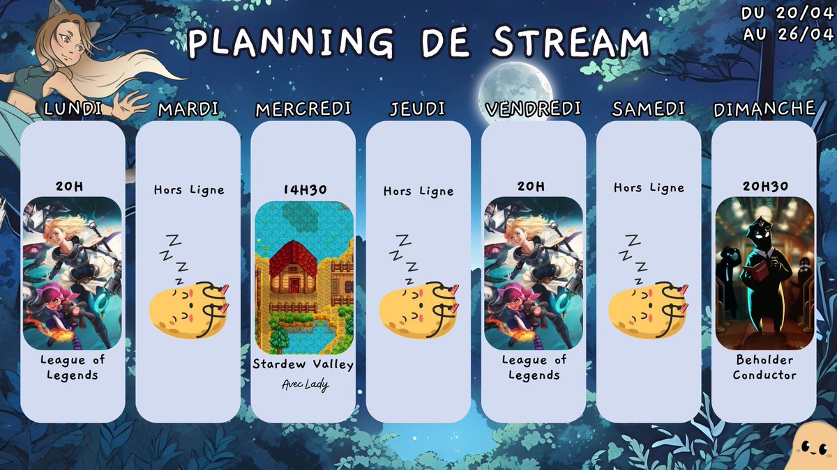 Cette semaine ! 

Lundi / Vendredi : League of Legends avec la team ! 👾 20h

Mercredi : Stardew Valley avec <a href="/LadyNyaneko/">Nyaneko 💫</a> 👩‍🌾👩‍🌾 14h30

Dimanche : Petit choix moraux sur Beholder Conductor ! 🚂 20h30

Et on ouvre un booster One Piece avant chaque live solo ! 🥰