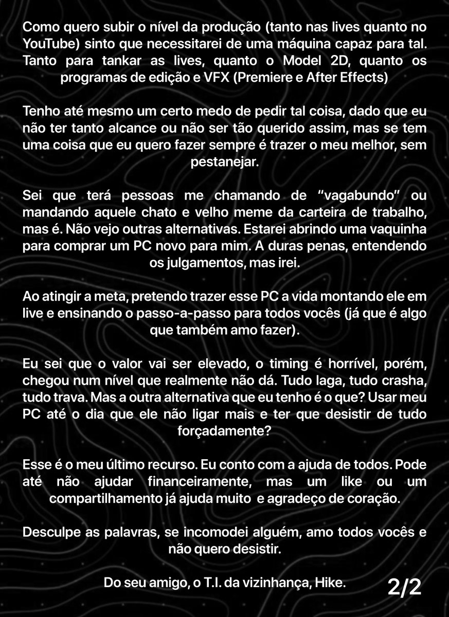 Ok. Sei que converso bastante sobre PC e ajudo uma pá de gente a ter escolhas legais, mas, vamos conversar rapidinho sobre o meu próprio PC?

Quem puder ajudar, o link tá aí em baixo!

livepix.gg/vaquinha/pc-do…