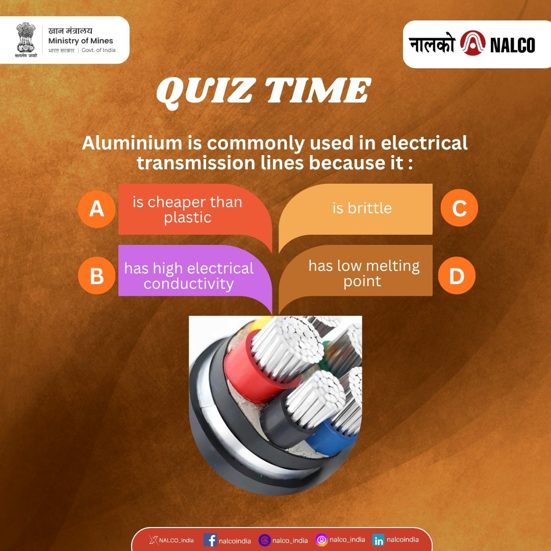 NALCO_India's tweet image. Test your knowledge with the NALCO Quiz on the uses of #aluminium! Take the challenge and explore the versatile applications of aluminium. #NALCO #QuizTime #Learning #KnowledgeChallenge