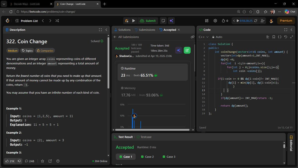 AnchalGupta009's tweet image. Day 175: Coin Change 💰
DP on amount
Try all coins
Find minimum coins needed ⚡
#LeetCode #DP #CPP #DSA