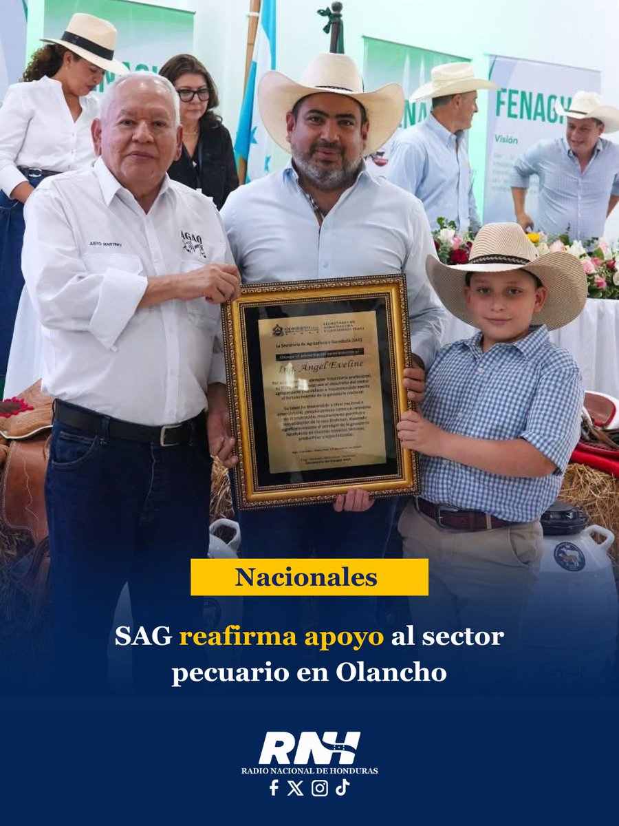 RTNH_Oficial's tweet image. 🐄🇭🇳 El viceministro de Ganadería, Justo Martínez, participó en la 93ª Asamblea de la #FENAGH en San Esteban, en representación de la #SAG, reafirmando el respaldo a la ganadería nacional.

También se reconoció la trayectoria del ganadero Ángel Hernán Eveline.

#RNH