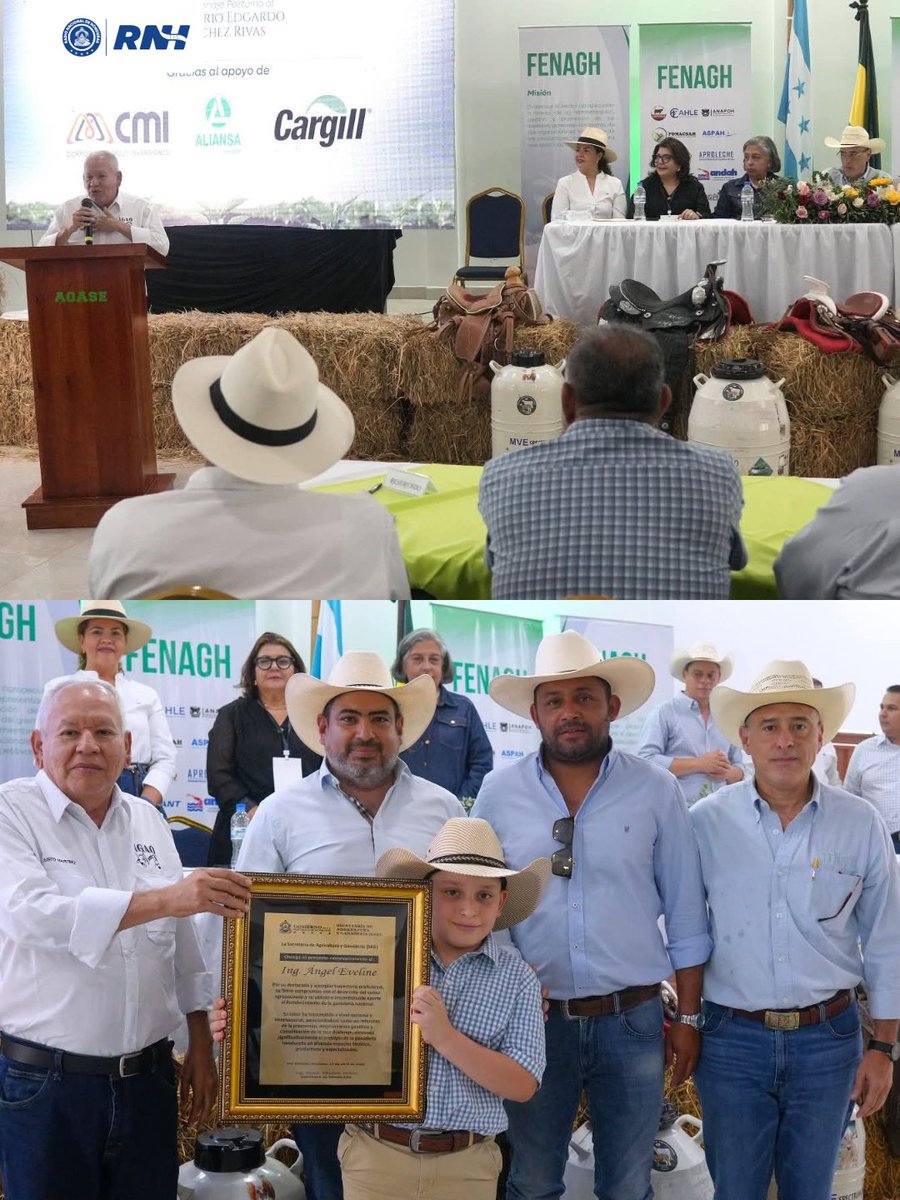 RTNH_Oficial's tweet image. 🐄🇭🇳 El viceministro de Ganadería, Justo Martínez, participó en la 93ª Asamblea de la #FENAGH en San Esteban, en representación de la #SAG, reafirmando el respaldo a la ganadería nacional.

También se reconoció la trayectoria del ganadero Ángel Hernán Eveline.

#RNH