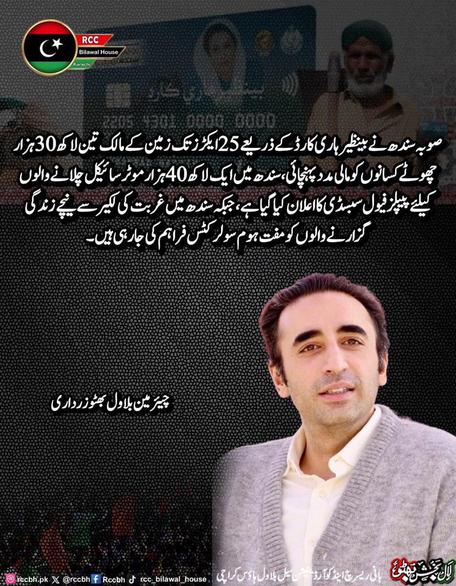 MaqsoodAli5511's tweet image. صوبہ سندھ نے بینظیر ہاری کارڈ کے ذریعے 25 ایکڑز تک زمین کے مالک تین لاکھ 30 ہزار چھوٹے کسانوں کو مالی مدد پہنچائی، 

چیئرمین بلاول بھٹو زرداری
@BBhuttoZardari

#BenazirHariCard 
#peoplesfuelsubsidy 
#solarenergy 
#PPP
#RCC