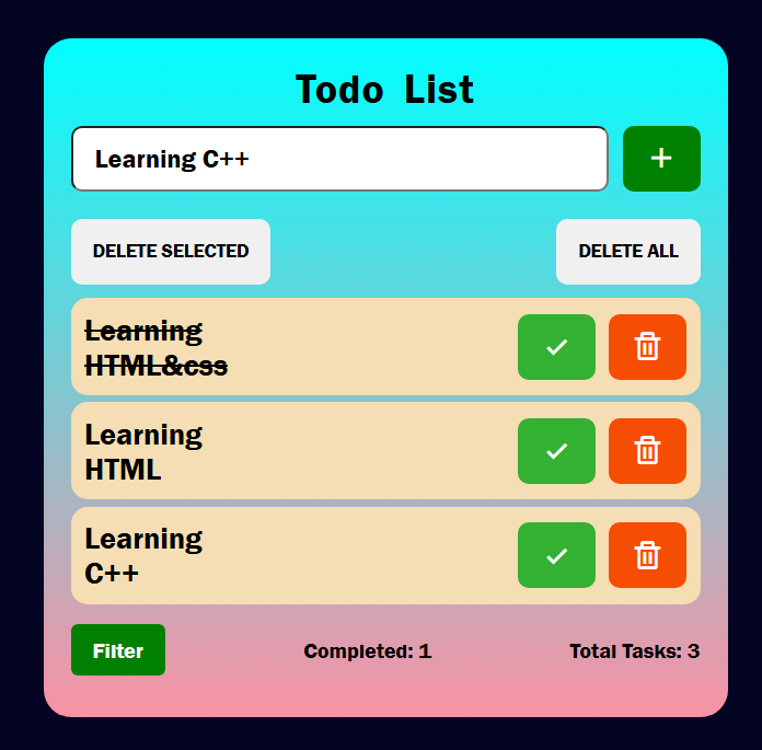 BhavyTalaviya04's tweet image. 📝The Todo List UI is a clean and modern interface with a gradient background and a bold “Todo List” header at the top. 
✨odo List Features:-
➕Add new tasks quickly
✅Mark tasks as completed (with strikethrough)
🗑️Delete individual tasks
#TodoApp #TaskManager #WebDevelopment