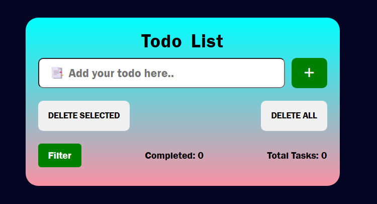 BhavyTalaviya04's tweet image. 📝The Todo List UI is a clean and modern interface with a gradient background and a bold “Todo List” header at the top. 
✨odo List Features:-
➕Add new tasks quickly
✅Mark tasks as completed (with strikethrough)
🗑️Delete individual tasks
#TodoApp #TaskManager #WebDevelopment