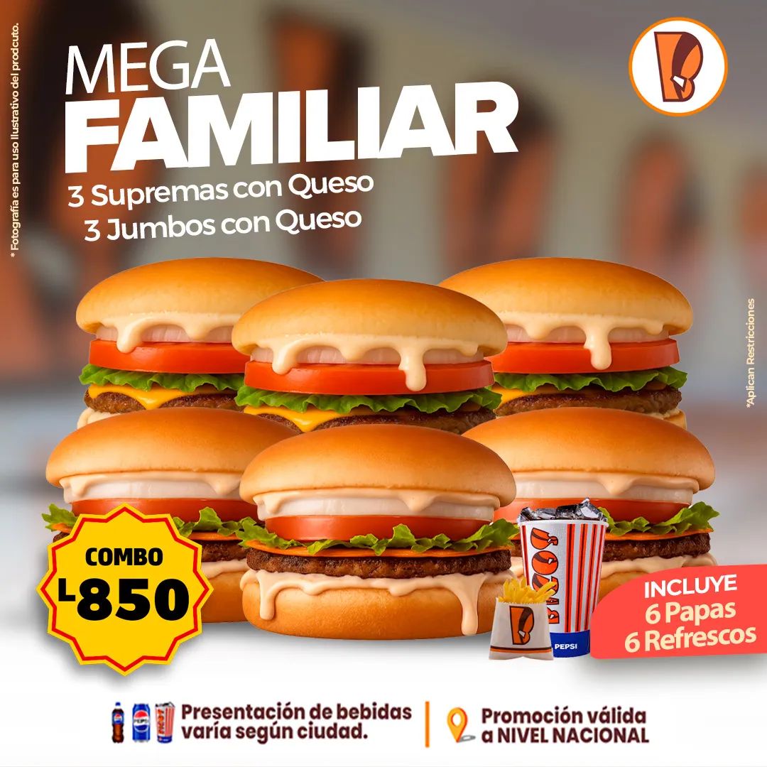 👨‍👩‍👦‍👦Mega Familiar!🍔Reúne a la familia y disfrútalo por tan solo L 850
Incluye:
🍔3 Jumbos 🍔3 Supremas
🍟6 papas
🥤6 refrescos

Perfecto para compartir y disfrutar juntos.
Promoción válida a nivel nacional.🇭🇳
¡Domingo de reunión, risas y el mejor sabor #Bigos
