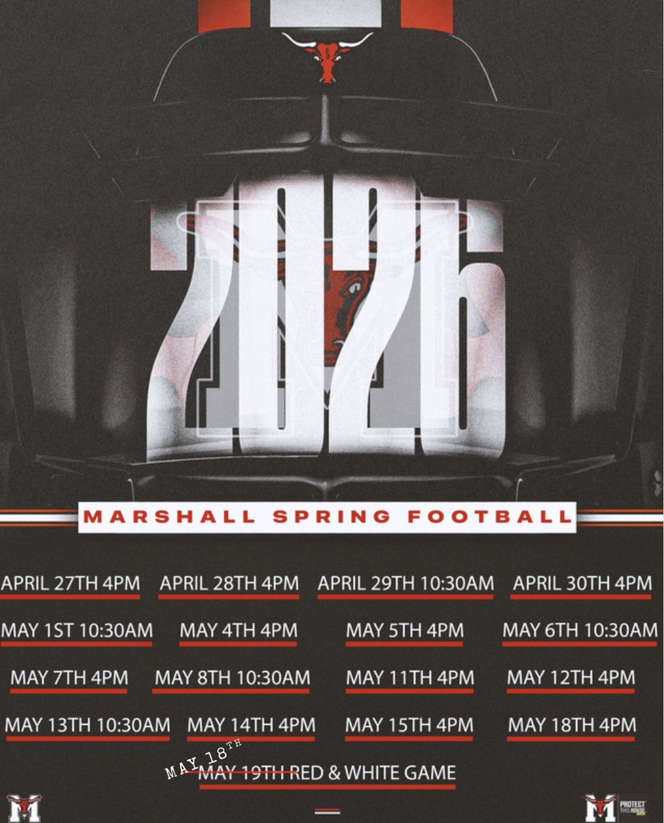 Tay_johnsond1's tweet image. Marshall Maverick's 2026 spring ball schedule. All coaches come and see what the Mavs are cooking up this year. #LETSWORK @TXRecruits @TXTopTalent @MaxPreps @247recruiting @247Sports @CFBReport #TXHSFB @MarshallMavsAth @MarshallMavFB