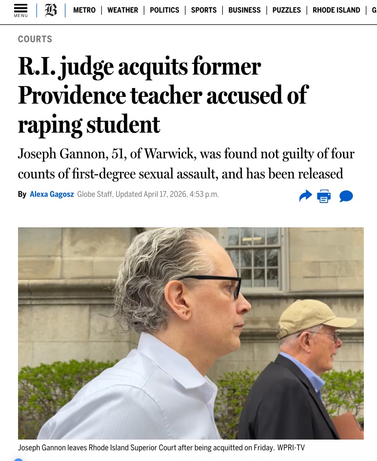 qaggnews's tweet image. PROVIDENCE — A Providence middle school teacher who was accused of raping a female student and creating child pornography has been acquitted.
Joseph Gannon, 51, of Warwick, was found not guilty on Friday of four counts of first-degree sexual assault and has been released.
In his