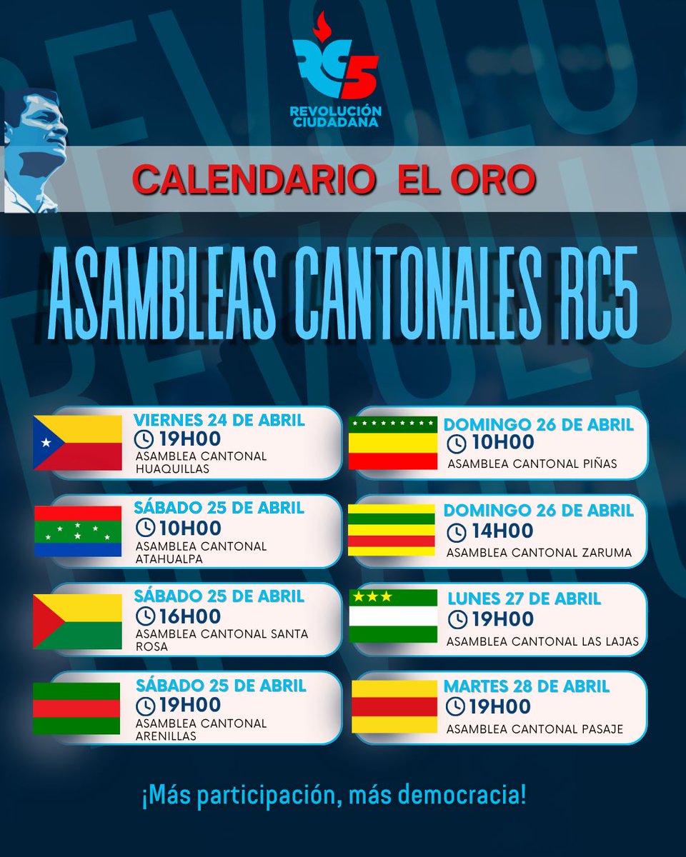 RC5ElOroOficial's tweet photo. 🗓️📌 ASAMBLEAS CANTONALES EL ORO RC5

📍 ¡Seguimos fortaleciendo la organización y la participación en territorio! 🇪🇨

Atención militancia y simpatizantes de la #RC5 están cordialmente invitados.

📢 ¡Más participación, más democracia!
#RCseFortalece

@RC5Oficial 
@GabrielaEsPais https://t.co/g704Y2H8j8