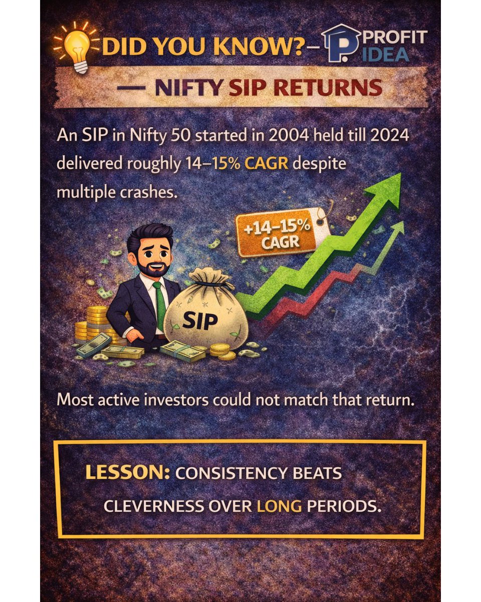 Bittu229Ayush's tweet photo. 💡 Did You Know? – Nifty SIP Returns
An SIP in Nifty 50 started in 2004 held till 2024 delivered roughly 14–15% CAGR despite multiple crashes.
Mentors
@anaadiprofessor
@AbhitDeshwal
#dykfacts #finance #profitidea #internship #Revenue #topline #financialstatement https://t.co/uaAmNSIju1