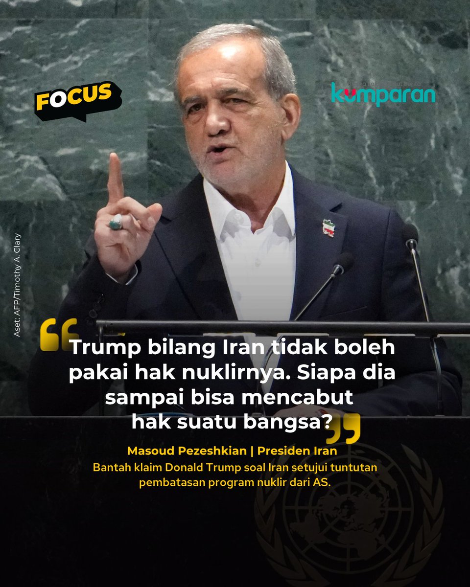 kumparan's tweet photo. Presiden Iran Masoud Pezeshkian menegaskan bahwa Amerika Serikat tidak memiliki hak untuk mencabut akses Iran terhadap program nuklirnya di tengah negosiasi yang masih buntu.

Pernyataan itu disampaikan merespons sikap Presiden AS Donald Trump yang dinilai tidak berdasar dalam menuntut pembatasan program nuklir Teheran.

"Trump mengatakan Iran tidak boleh menggunakan hak nuklirnya, tapi tidak menjelaskan atas kejahatan apa. Siapa dia sampai bisa mencabut hak suatu bangsa?" ujar Pezeshkian, dikutip dari Reuters.

Ia menegaskan program nuklir Iran merupakan hak sah yang tidak bisa diintervensi pihak luar, sekaligus menegaskan posisi Teheran yang menolak tekanan Washington dalam perundingan yang masih berlangsung.

📸: Dok. AFP/Timothy A. Clary.

Baca selengkapnya dengan klik link di bio. Cari tahu berita update lainnya dengan download aplikasi kumparan di App Store atau Google Play.⁠

📝: focus | uraniumiran | news | quote | R360 | E025 | E120
#bicarafaktalewatberita #kumparan