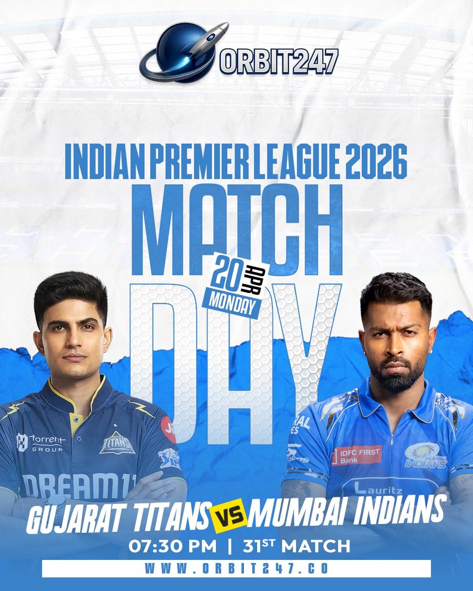Orbitt247's tweet image. 🏏 IPL 2026 Showdown Incoming!
A blockbuster clash you don’t want to miss 🔥

Gujarat Titans 🆚 Mumbai Indians
🗓 20 Apr 2026
⏰ 07:30 PM

#IPL2026 #GTvsMI #CricketFever #MatchDay #GameOn #T20Cricket #CricketLovers
