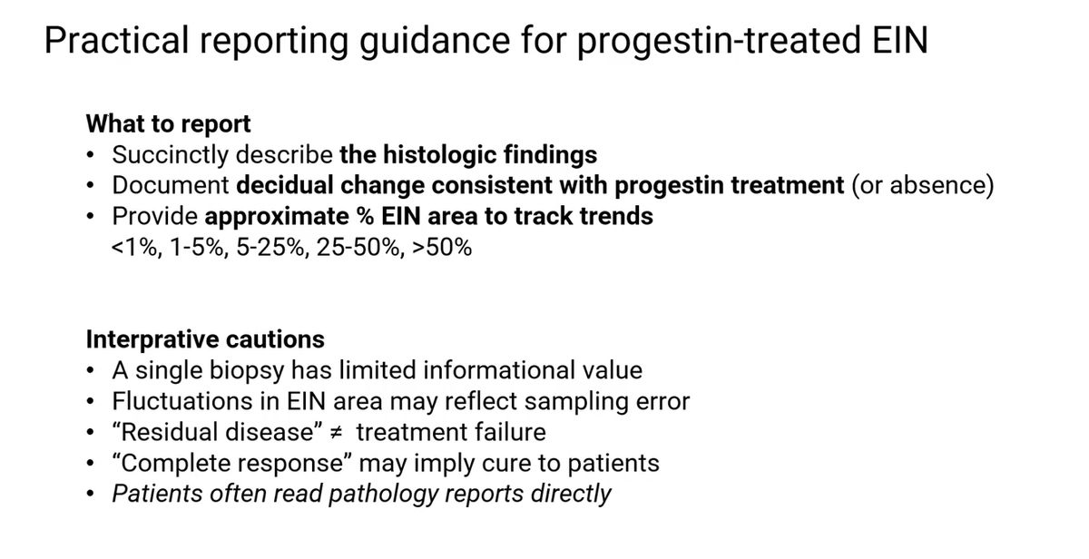 Janiranavarro's tweet image. Practical reporting guidance for progestin-treated EIN/AH

Providing an aproximate %EIN area to track trends could be helpful

Dr. Castrillon #USCAP2026 #pathology #PathX #PathTwitter #everydayGYN
