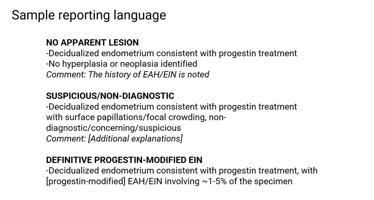 Janiranavarro's tweet image. Practical reporting guidance for progestin-treated EIN/AH

Providing an aproximate %EIN area to track trends could be helpful

Dr. Castrillon #USCAP2026 #pathology #PathX #PathTwitter #everydayGYN