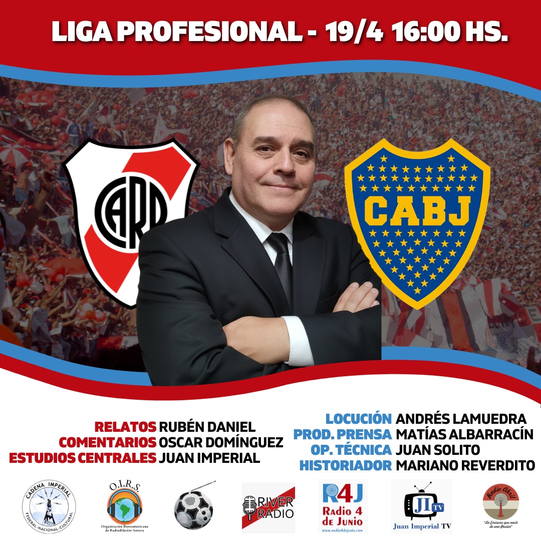 Riverradior4j's tweet photo. 📌 @fpdelosarg - @riverradior4j
⏰ 16:00
⚽️ @RiverPlate 🆚 @BocaJrsOficial
🏆 @LigaAFA
🗣️ Rubén Daniel
🎙️ Oscar Domínguez
📻 @Radio4deJunio, @juanimperialtv,  @CadenaImperial y @oirsarg
💻 https://t.co/9Fz1rxXR3K - https://t.co/OangPDbKKk https://t.co/qs7NoP8mJS