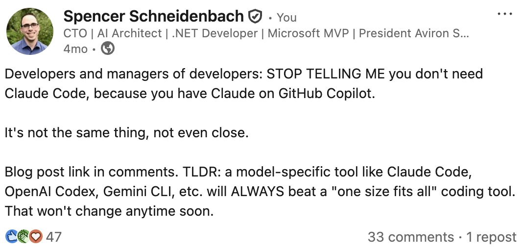 LinkedIn post from 4 months prior by Spencer Schneidenbach arguing model-specific tools will always beat one-size-fits-all, now reversed