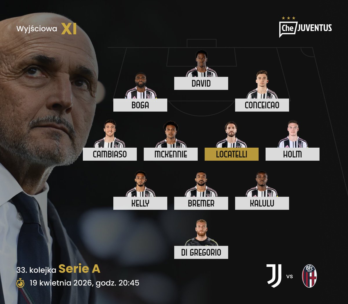 CheJUVENTUS's tweet image. ‼️Skład na mecz z Bologną Bolonia! 

Niestety brakuje Yildiza i Thurama. 

Z uwagi na urazy Milika oraz Vlahovicia Jonathan David z konieczności powalczy (?) w ostatnich kolejkach o swoją przyszłość w Juventusie. 

#wloskarobota #JuveBologna #ForzaJuve ⚪️⚫️