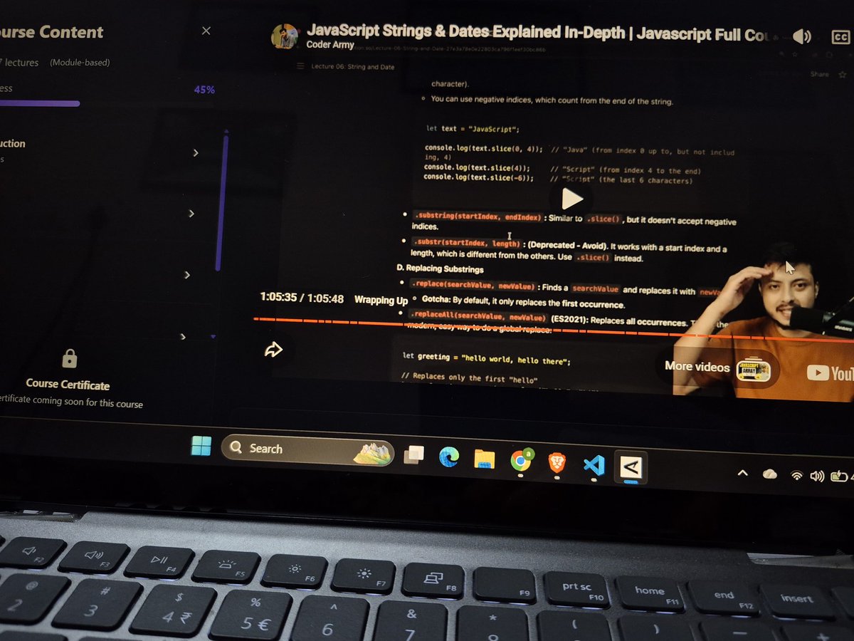 Akshat_Tiwari12's tweet image. Js Day 6 ✅️
Today I learned about Strings and Dates in Js. I explored string methods like slicing and replacing.
I also learned about the Date object—how to get the current date and time and extract values like day, month, and year.
#WebDevelopment #CodingJourney #100DaysOfCode