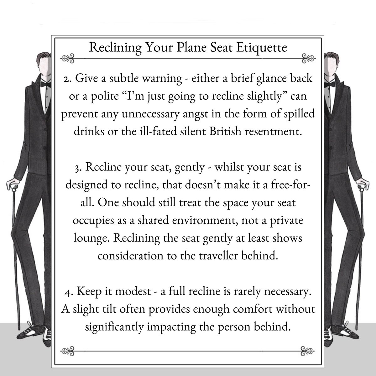 Gentessential's tweet image. Gentessential’s Etiquette Guide to Reclining Your Seat
*
*
*
#etiquette #flying #plane #gentessential 
*
📷1: Aeroplane, 1980