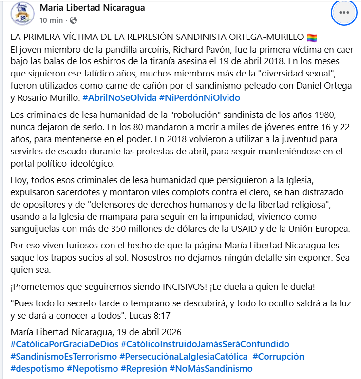 luna_nicaragua's tweet photo. LA PRIMERA VÍCTIMA DE LA REPRESIÓN SANDINISTA ORTEGA-MURILLO 🏳️🌈
El joven miembro de la pandilla arcoíris, Richard Pavón, fue la primera víctima en caer bajo las balas de los #esbirros de la #dictadura #sandinista #OrMur, el 19 de abril 2018. #AbrilNoSeOlvida #NiPerdónNiOlvido https://t.co/xpOCh8avKa