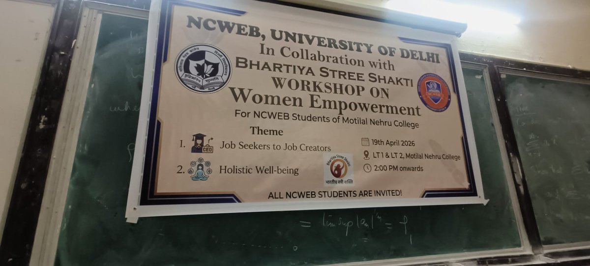 NcwebOfficial's tweet photo. A Workshop on Women Empowerment was organised by #NCWEB with Bhartiya Stree Shakti at Motilal Nehru College Centre on 19 April 26. 400 students attended sessions on Health, Hygiene, Nutrition &amp; Holistic Well-being and Women Entrepreneurs - From job seekers to job Creators. https://t.co/XUXhb8YInc