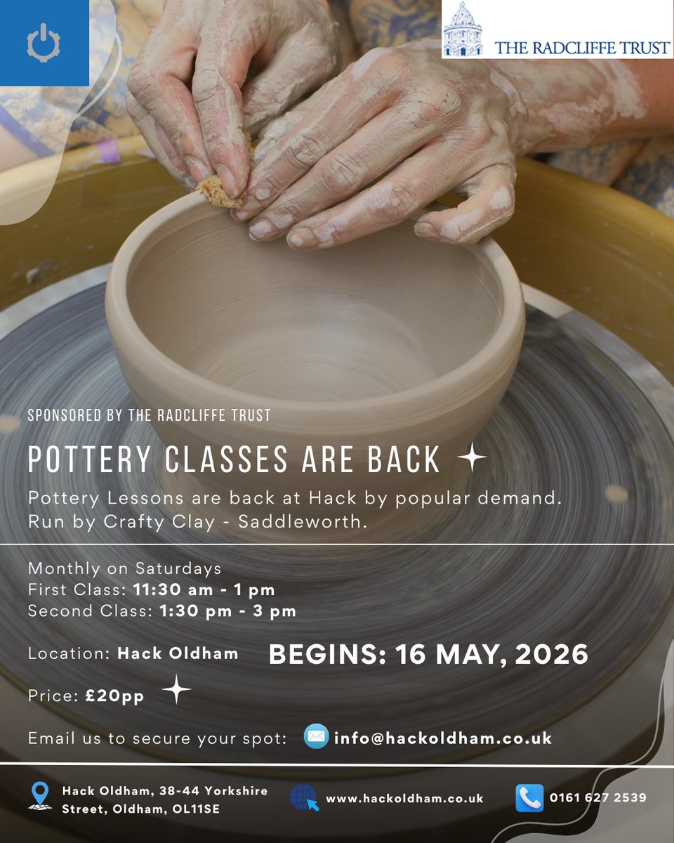 Create_Oldham's tweet image. Learn everything about pottery from the basics to more technical skills. Join a welcoming, and inclusive group. Claire will cater the class to meet your needs.

Glazing and kiln fire available for an extra cost.
 
🏺 WHEN?
Monthly on Saturdays beginning 16th May 2026.
#oldhamhour