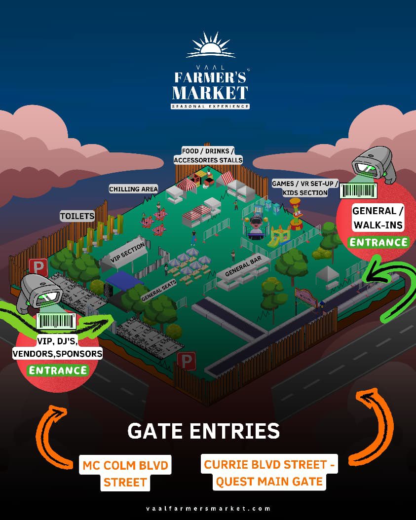 VaalFarmersMark's tweet photo. Your Vaal Farmer's Market experience just got easier 💚

Here’s our very first official Venue Map — showing you exactly where to enter (VIP &amp; General), where to find your favourite stalls, the kids’ section, bar areas, and everything in between.

#map #SeasonalExperience https://t.co/LrTwMUvYPl
