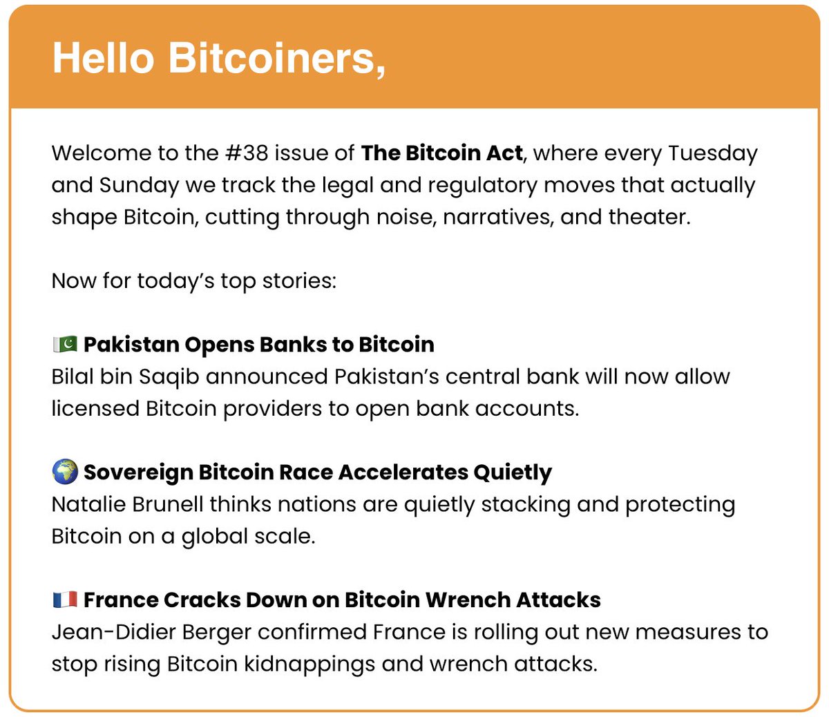 The_Bitcoin_Act's tweet image. ⚡️ Issue #38 of The Bitcoin Act newsletter is live! 

👀 Dive into sharp opinion &amp;amp; analysis, today's key numbers, and the biggest #Bitcoin law &amp;amp; market moves shaking things up. 

👉 For subscribers, don’t forget to check and claim your free sats! 

👉 Full issue here:
