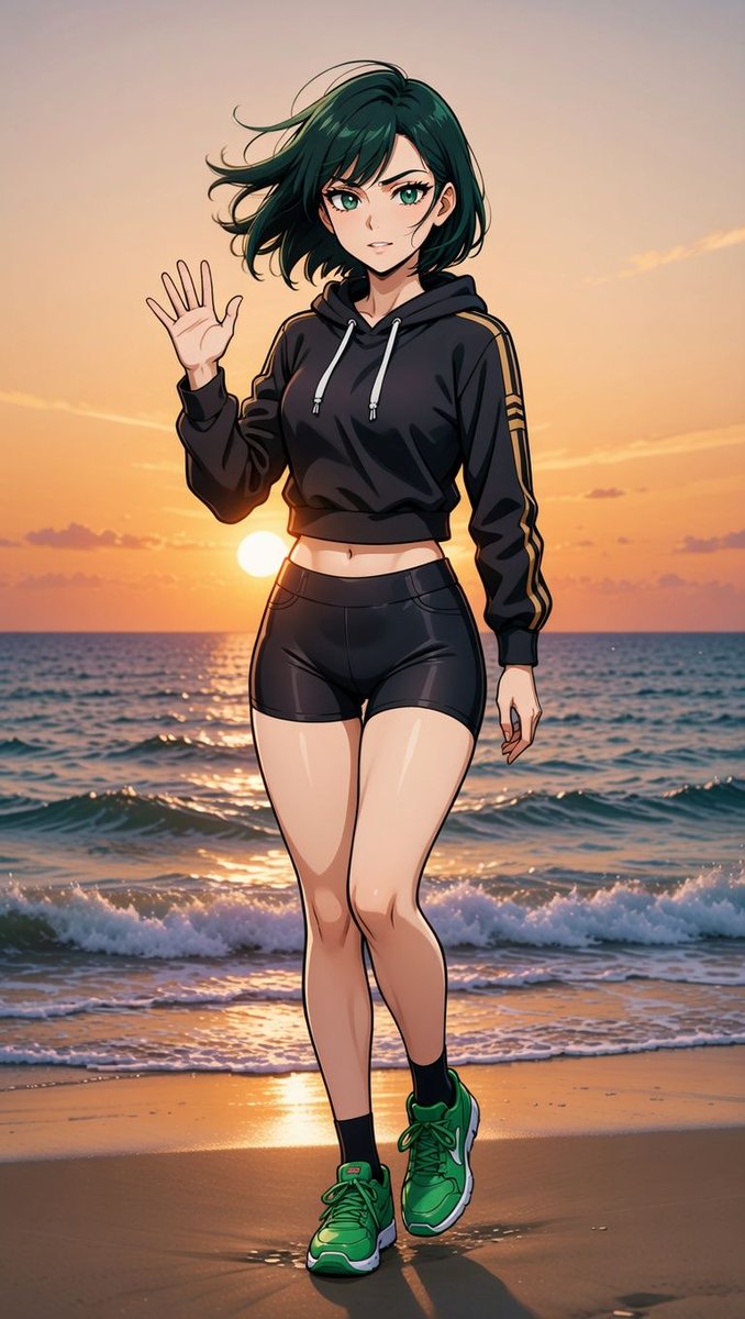 3xQuestOfficial's tweet image. Luiza beach sunset cool wave! 🌅 Hoodie crop shorts sneakers rim glow ocean stride. Beach vibe 1-10? #originalcharacter #animeart #beachwaifu #3xQuest #sunsetbeach
