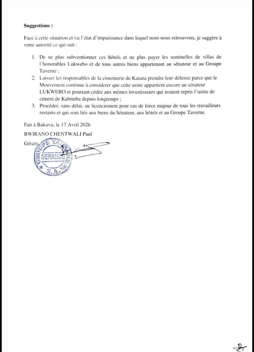 michombero's tweet image. #Bukavu : des biens du groupe Taverne et de Bahati Lukwebo confisqués par l’AFC/M23, le gérant écrit au Directeur Général 

Des biens appartenant au groupe Taverne et au sénateur Modeste Bahati Lukwebo ont été déclarés confisqués par la coalition AFC/M23 à Bukavu, selon un