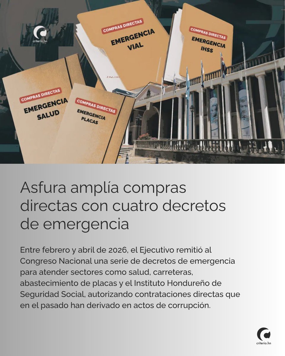 criteriohn's tweet image. ⚠️#NOTICIAS~ En menos de cuatro meses, la administración de Nasry Asfura Zablah, promovió la aprobación de al menos cuatro decretos de emergencia que autorizan compras y contrataciones directas de bienes y servicios, una práctica que, aunque legal en contextos excepcionales, ha