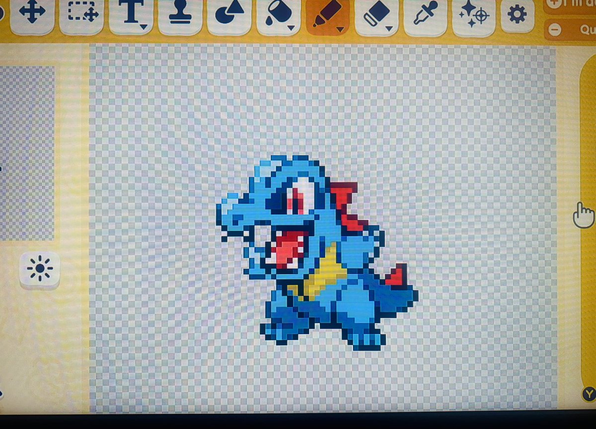 I drew Totodile as a pet in Tomodachi Life Living the Dream! He’s my favorite starter Pokemon &amp; it took me 3 hours to draw him. This is my 2nd ever pixel art that I made.